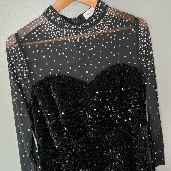 FAERIESTY Velvet Mesh Long Sleeve Sequin Pearl Embellished Maxi Ballgown - Picture 4 of 13